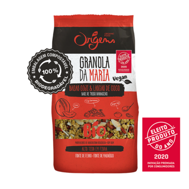 Granola da Maria lascas de coco e bagas goji em embalagem biocombustável