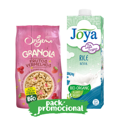 Granola de frutos vermelhos e bebida de arroz biológica