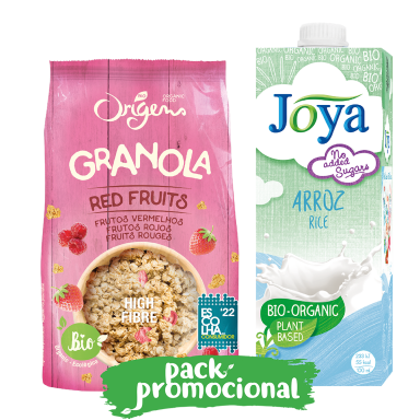 Granola de Frutos Vermelhos Origens Bio e Bebida de Arroz Joya squared