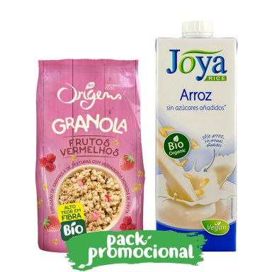 Granola de frutos vermelhos e bebida de arroz biológica