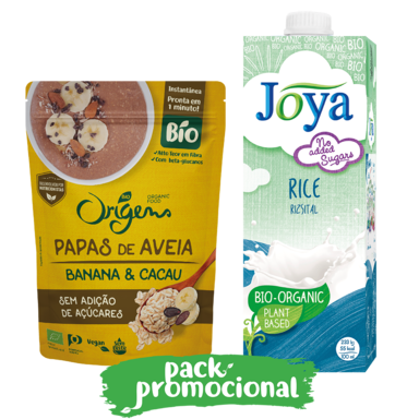 Papas de Aveia Banana Cacau Origens Bio e Bebida de Arrozsem Adição de Açúcar Joya