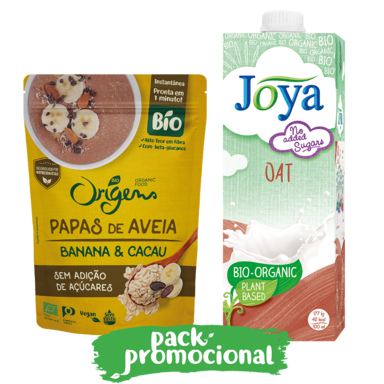 Papas de Aveia Banana Cacau Origens Bio e Bebida de Aveia sem Adição de Açúcar Joya