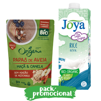 Papas de aveia maçã canela Origens Bio e bebida de arroz Joya