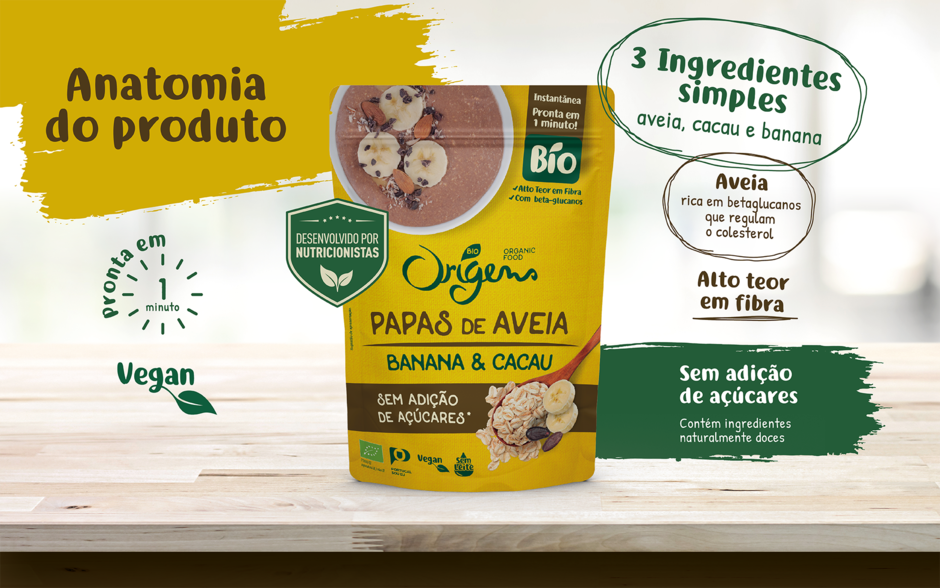 Papas de aveia banana cacau biológicas