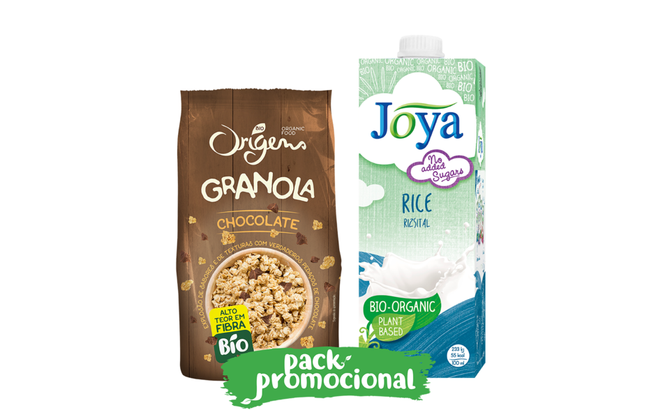 Granola de chocolate Origens Bio e bebida de arroz biológica Joya