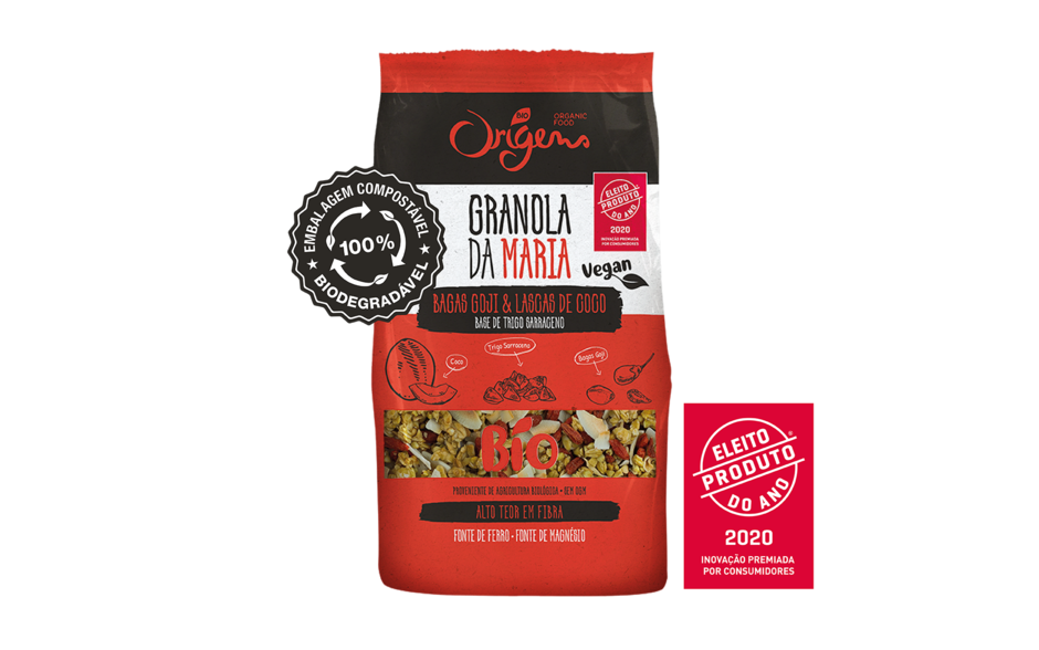 Granola da Maria vegan em embalagem biodegradável e biocombustável