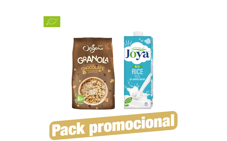 Granola de Chocolate Origens Bio e Bebida de Arroz Joya produto biológico