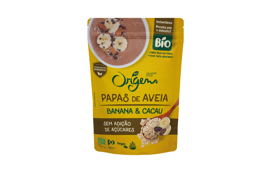 Papas de aveia banana cacau biológicas